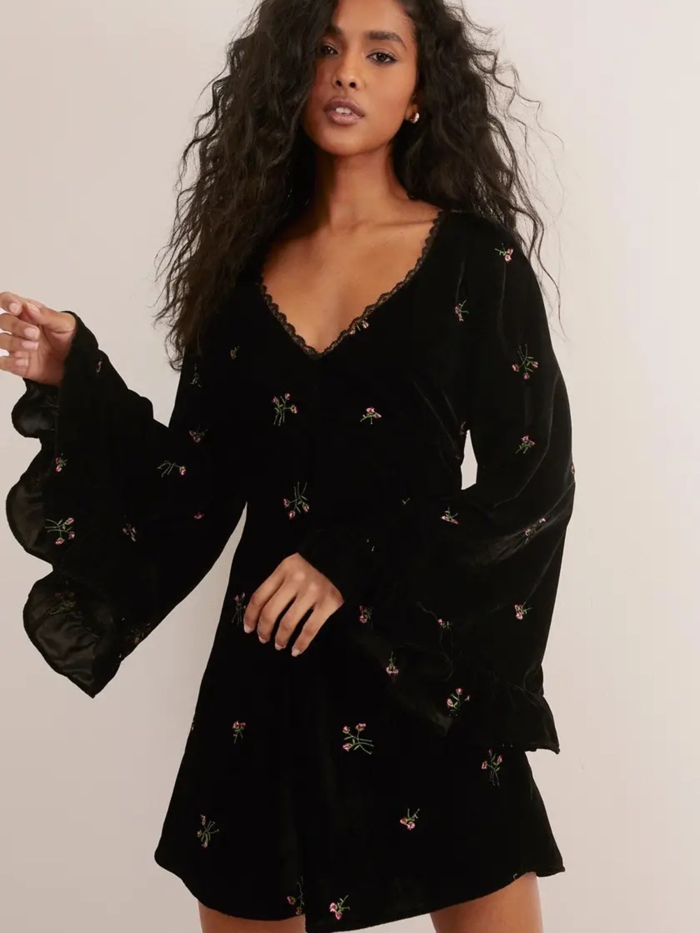 Nasty Gal Black Velvet Mini Dress with Floral Embroidery